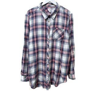 DRESSBARN Plaid Shirt Plus Size 3X Cotton Blue Pink Long Sleeve Button Up NWT